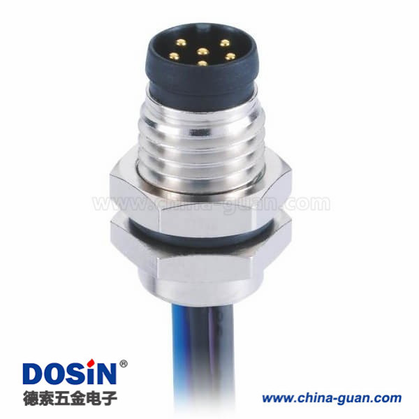 圆形连接器M8A型板端前锁直式防水焊线式6芯公插座连接器接1米26AWG线 圆形连接器M8A型板端前锁直式防水焊线式6芯公插座连接器接1米26AWG线