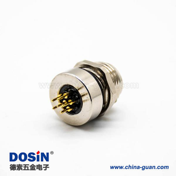 M8防水插座连接器A编码180°6芯母头前锁板接PCB板 M8防水插座连接器A编码180°6芯母头前锁板接PCB板