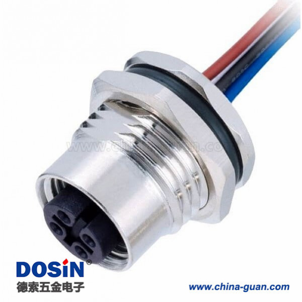 M12板端插座IP67防水连接器4pin直式带屏蔽1M AWG22母头前锁带线型 M12板端插座IP67防水连接器4pin直式带屏蔽1M AWG22母头前锁带线型