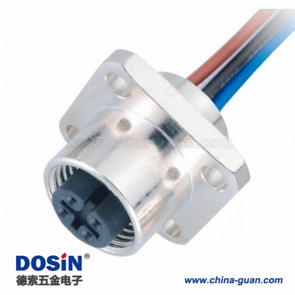 电气接头M12连接器4Pin A型 法兰母座直式带屏蔽1M AWG22带线型防水传感连接器 电气接头M12连接器4Pin A型 法兰母座直式带屏蔽1M AWG22带线型防水传感连接器