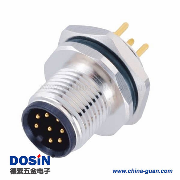 M12连接器8芯A型板端公座PCB插板式后锁防水传感连接器 M12连接器8芯A型板端公座PCB插板式后锁防水传感连接器