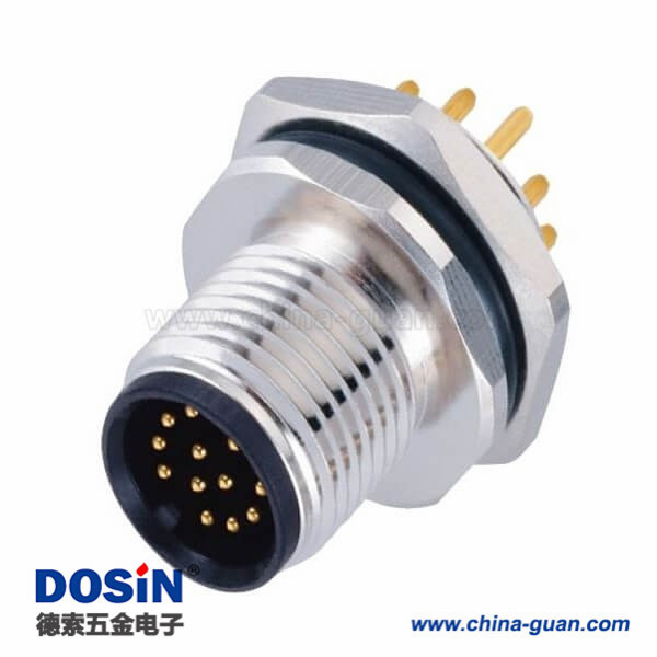 M12连接器12芯A型板端公座PCB插板式后锁防水直式传感连接器 M12连接器12芯A型板端公座PCB插板式后锁防水直式传感连接器
