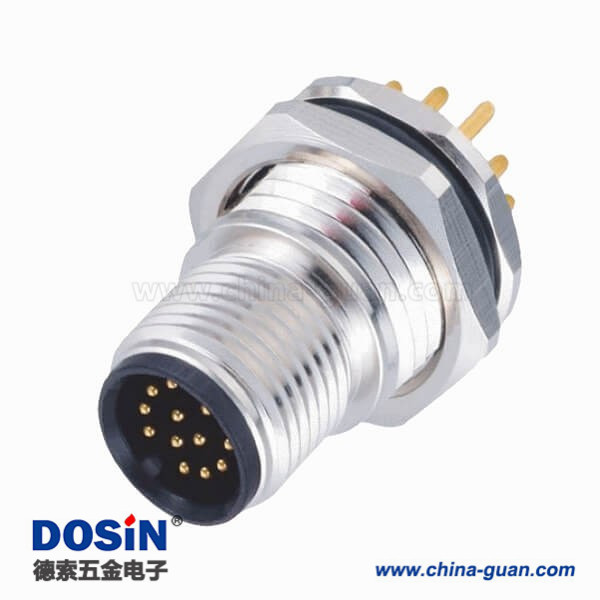 M12工业防水传感连接器 12pin A-型 板端公座子PCB插板式 前锁板 M12工业防水传感连接器 12pin A-型 板端公座子PCB插板式 前锁板