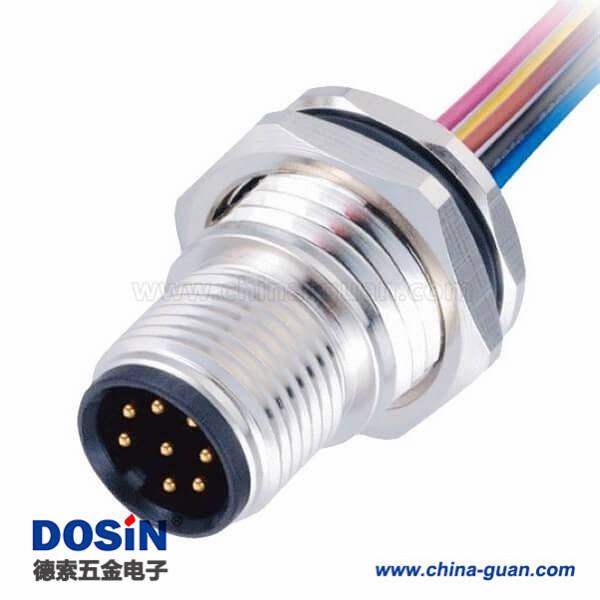 工业防水插头M12 A Code 8芯前锁板公插座带屏蔽焊线座子带线1M AWG24 工业防水插头M12 A Code 8芯前锁板公插座带屏蔽焊线座子带线1M AWG24