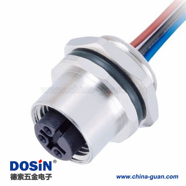 M12连接器 3pin 母头后锁带线50CM AWG22 A编码IP67防水连接器 带屏蔽 M12连接器 3pin 母头后锁带线50CM AWG22 A编码IP67防水连接器 带屏蔽