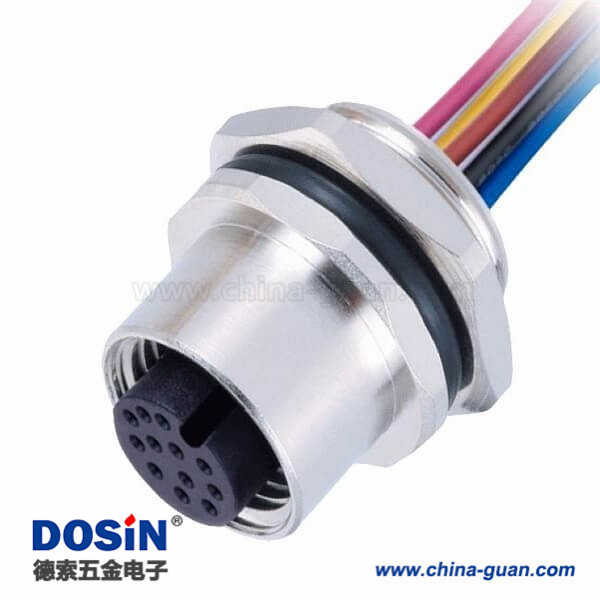 M12传感连接器 12pin A型板端母座子焊接带线1M AWG26防水插头带屏蔽 M12传感连接器 12pin A型板端母座子焊接带线1M AWG26防水插头带屏蔽