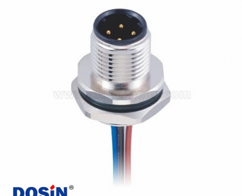 M12公座子 4pin D-型防呆位板端后锁焊接带线1M AWG22防水连接器带屏蔽