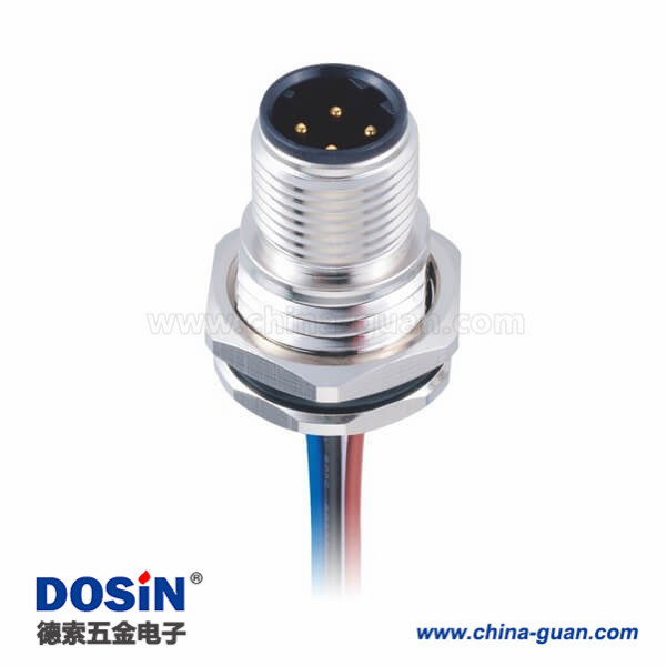 M12母座子 4Ppin D-型板端前锁焊接带屏蔽带线1M AWG22传感连接器 M12母座子 4Ppin D-型板端前锁焊接带屏蔽带线1M AWG22传感连接器