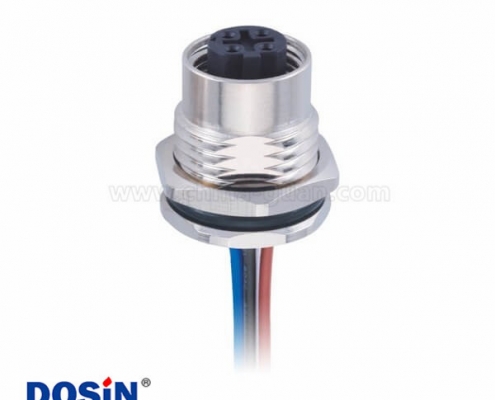 M12传感连接器 4pin D型板端母座子 前锁焊线1M AWG22 防水插头带屏蔽