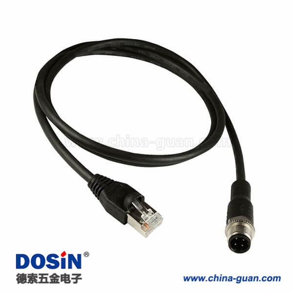 M12网线D Code 4芯公头转RJ45公头不带屏蔽注塑电缆1M AWG22 M12网线D Code 4芯公头转RJ45公头不带屏蔽注塑电缆1M AWG22