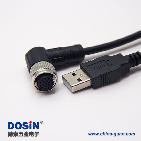 m12母头弯式17芯工业防水A编码插头转USB2.0直式公头不带屏蔽1M AWG26 m12母头弯式17芯工业防水A编码插头转USB2.0直式公头不带屏蔽1M AWG26
