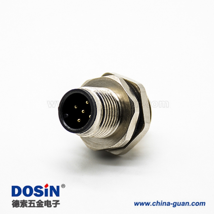 传感器公头插座A扣180°PCB板安装后锁板5芯M12防水连接器 传感器公头插座A扣180°PCB板安装后锁板5芯M12防水连接器